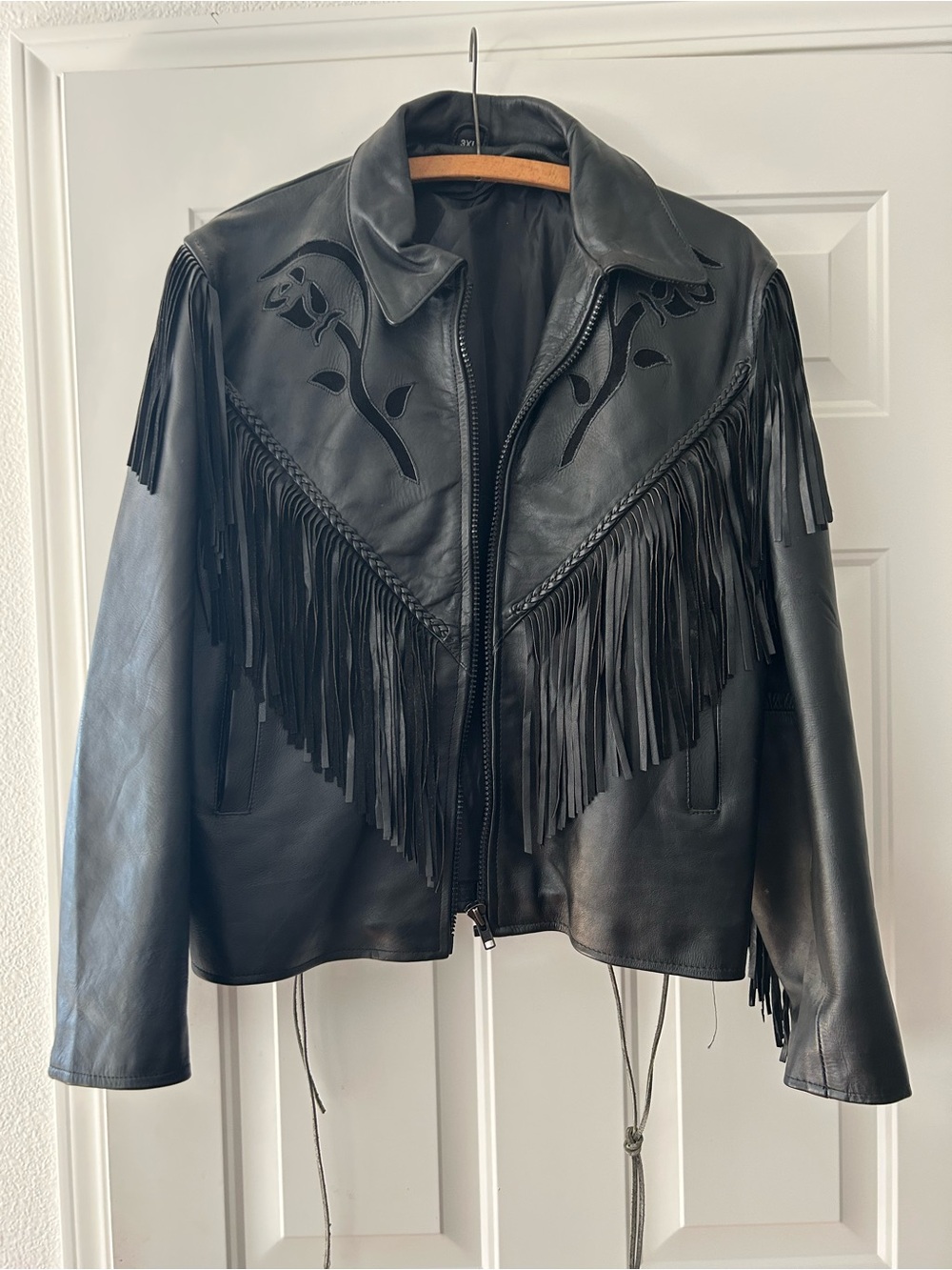 Vintage Black Fringe Leather Jacket - Women